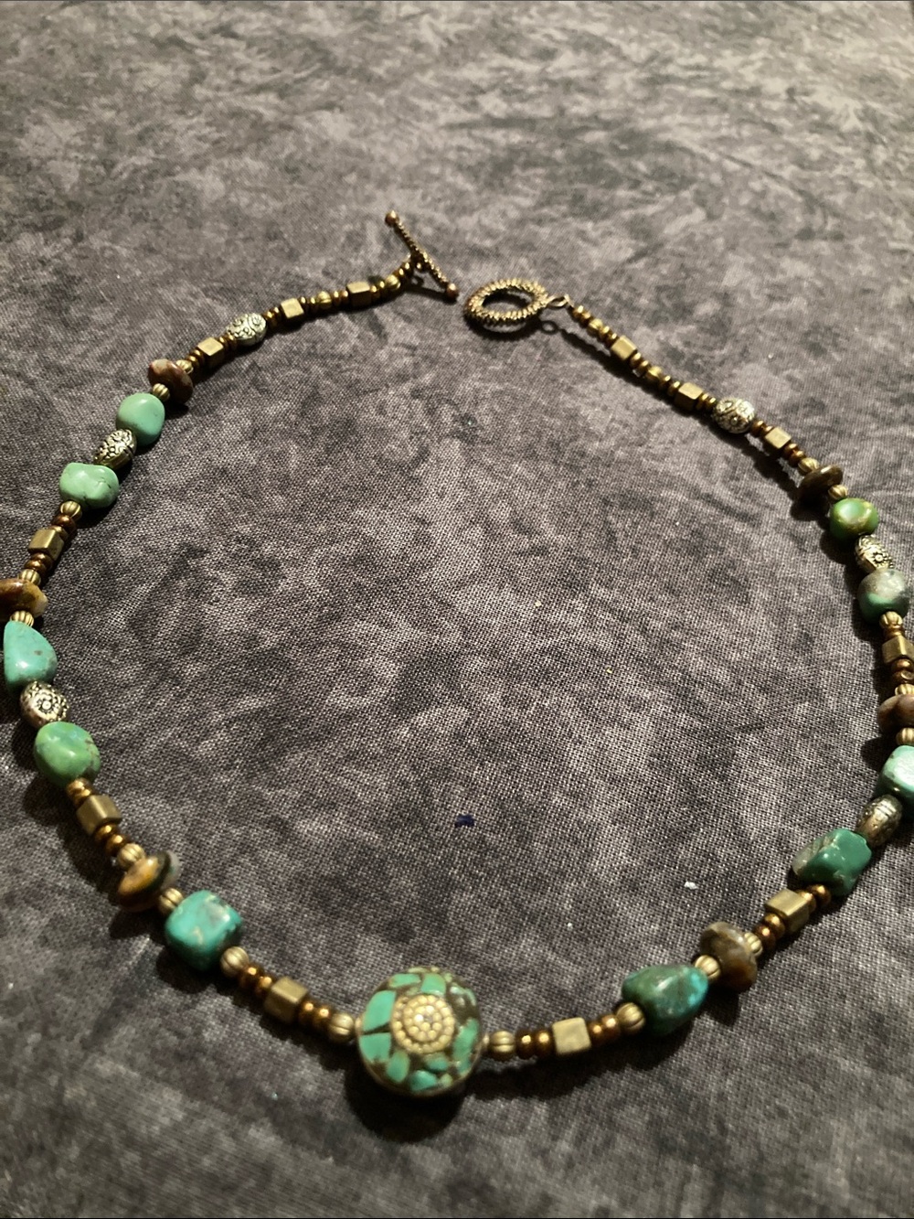 Green Beaded Necklace with Antiqued Golden Accents